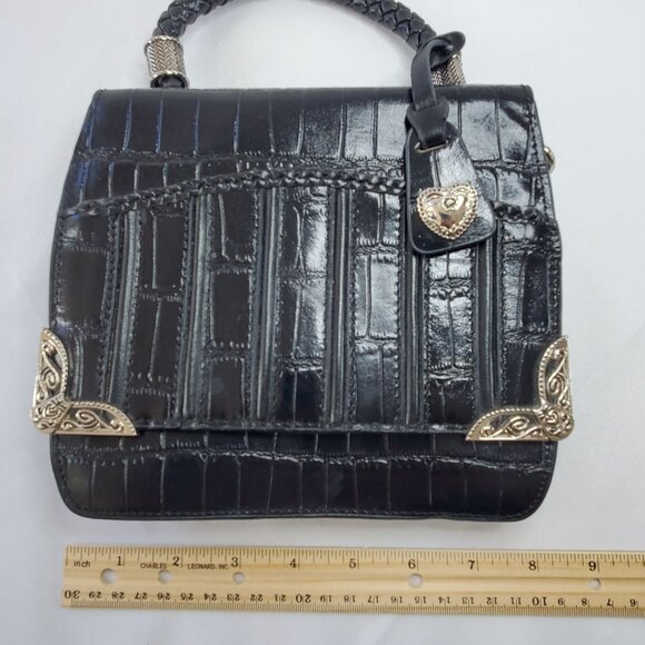 VTG M.C. MARC CHANTAL Black Embossed Croc Leather Handbag & Heart Charm - Picture 7 of 13